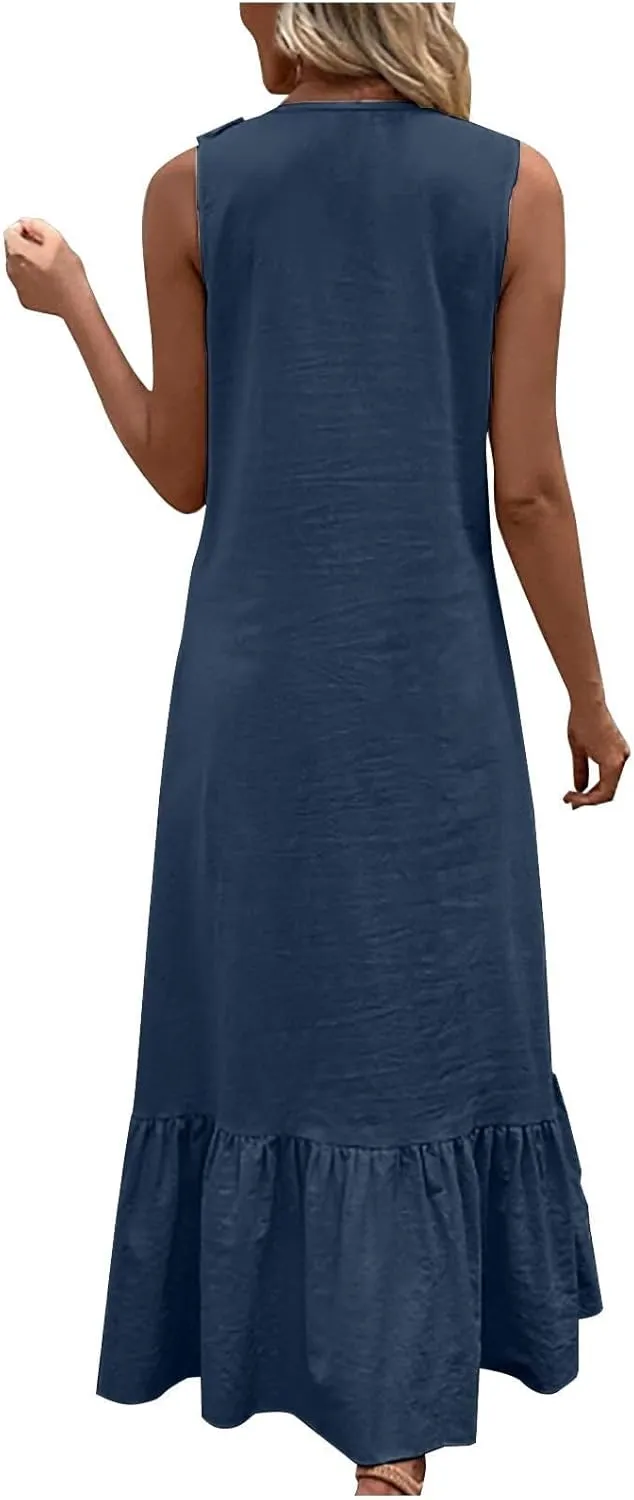 Women's Summer Sleeveless V-Neck Maxi Dress A-Line Flowy Beach with Ruffle Trim Wrap Style Long Dress