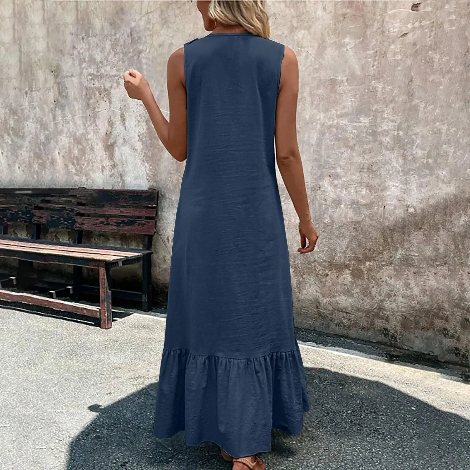 Women's Summer Sleeveless V-Neck Maxi Dress A-Line Flowy Beach with Ruffle Trim Wrap Style Long Dress