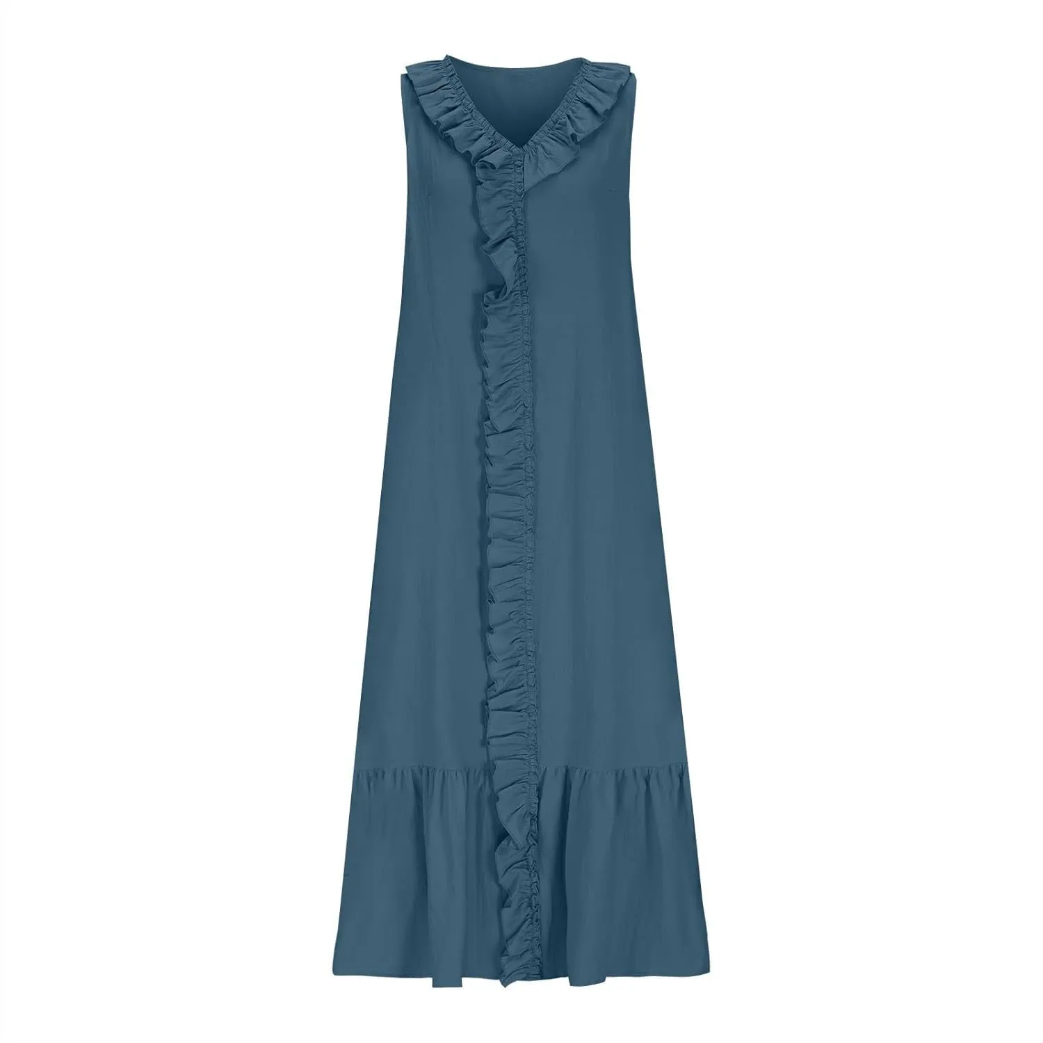 Women's Summer Sleeveless V-Neck Maxi Dress A-Line Flowy Beach with Ruffle Trim Wrap Style Long Dress
