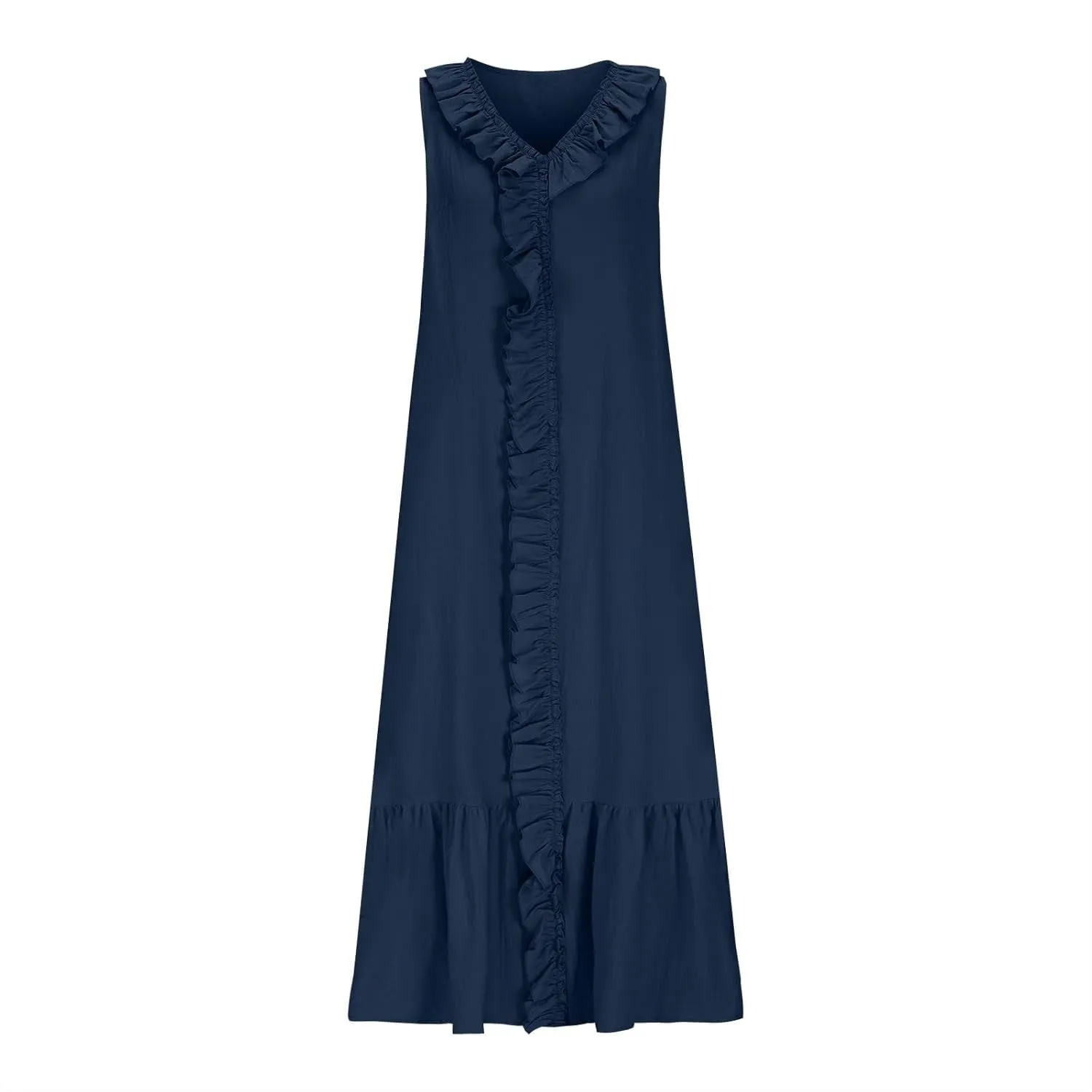 Women's Summer Sleeveless V-Neck Maxi Dress A-Line Flowy Beach with Ruffle Trim Wrap Style Long Dress