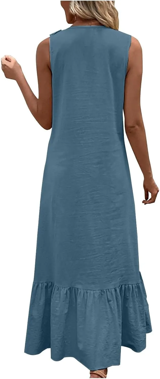 Women's Summer Sleeveless V-Neck Maxi Dress A-Line Flowy Beach with Ruffle Trim Wrap Style Long Dress