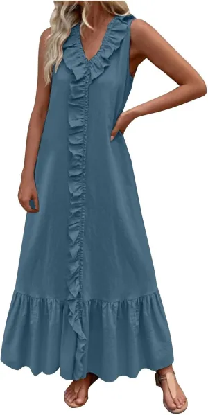 Women's Summer Sleeveless V-Neck Maxi Dress A-Line Flowy Beach with Ruffle Trim Wrap Style Long Dress
