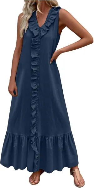 Women's Summer Sleeveless V-Neck Maxi Dress A-Line Flowy Beach with Ruffle Trim Wrap Style Long Dress