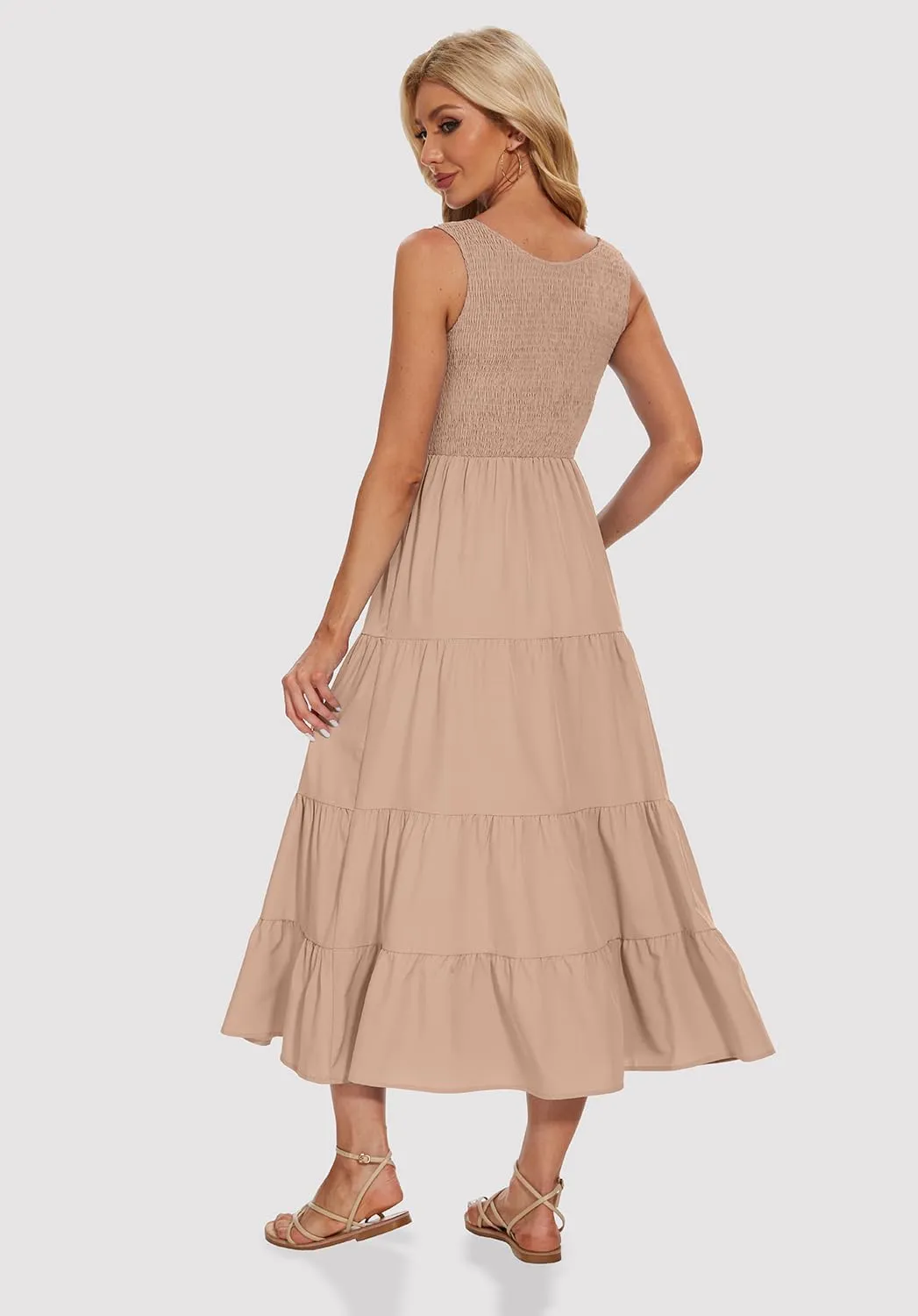 Women's Summer Smocked Maxi Dresses Sleeveless U Neck Ruffle Hem Tiered A Line Flowy Dress