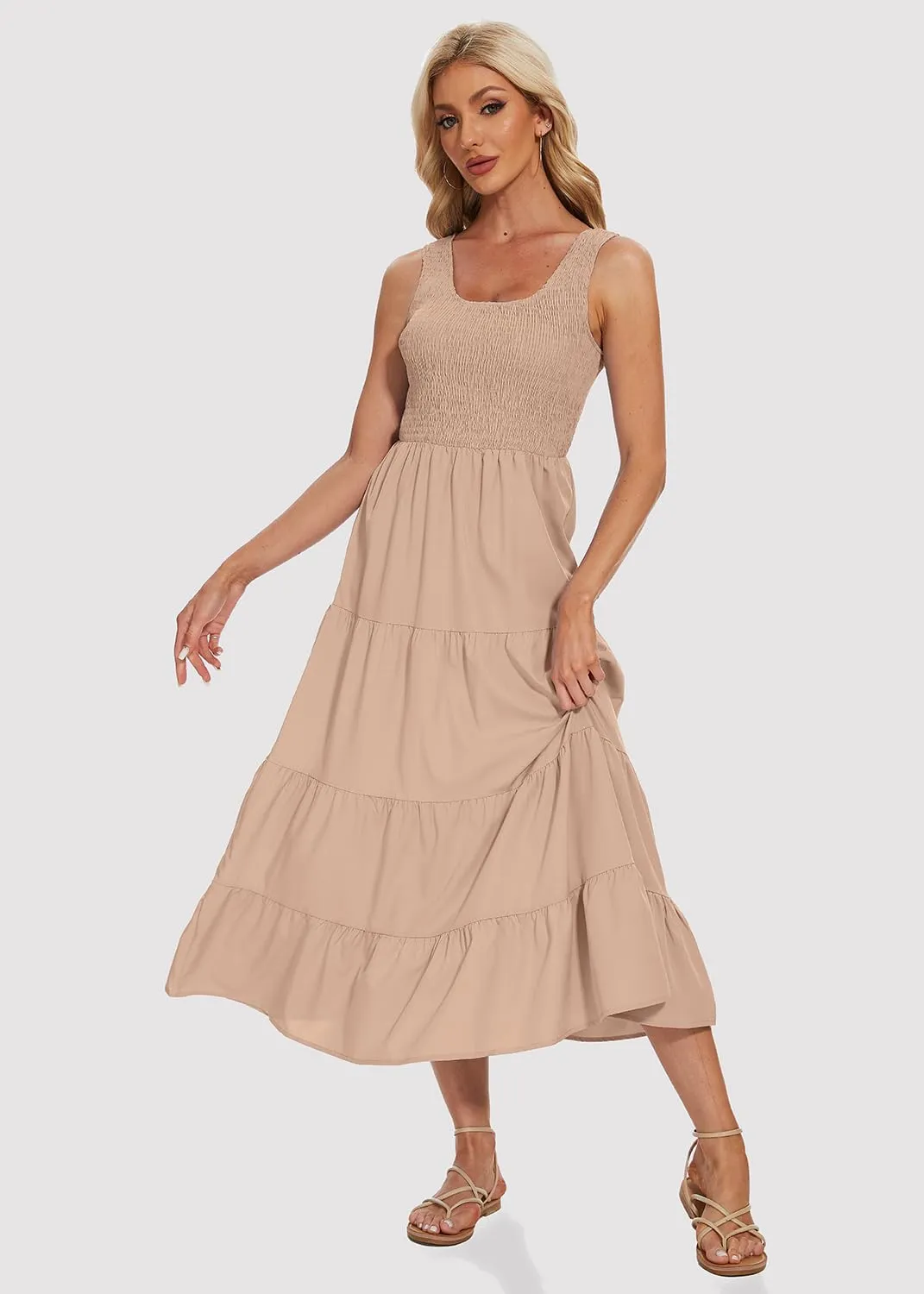 Women's Summer Smocked Maxi Dresses Sleeveless U Neck Ruffle Hem Tiered A Line Flowy Dress