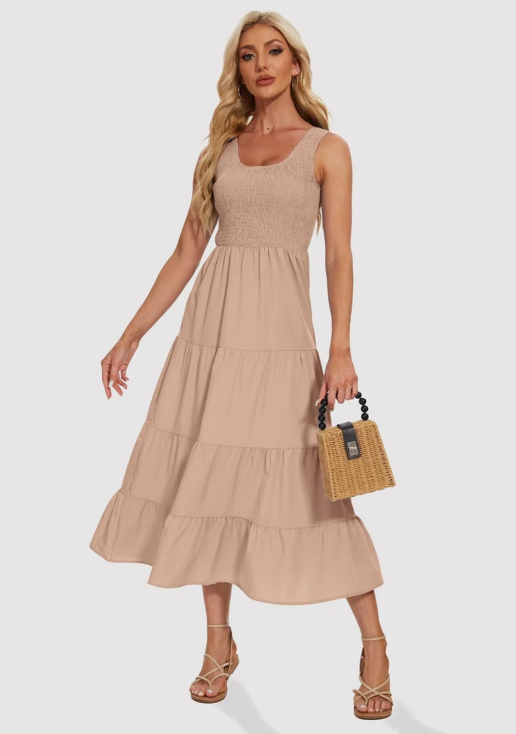 Women's Summer Smocked Maxi Dresses Sleeveless U Neck Ruffle Hem Tiered A Line Flowy Dress