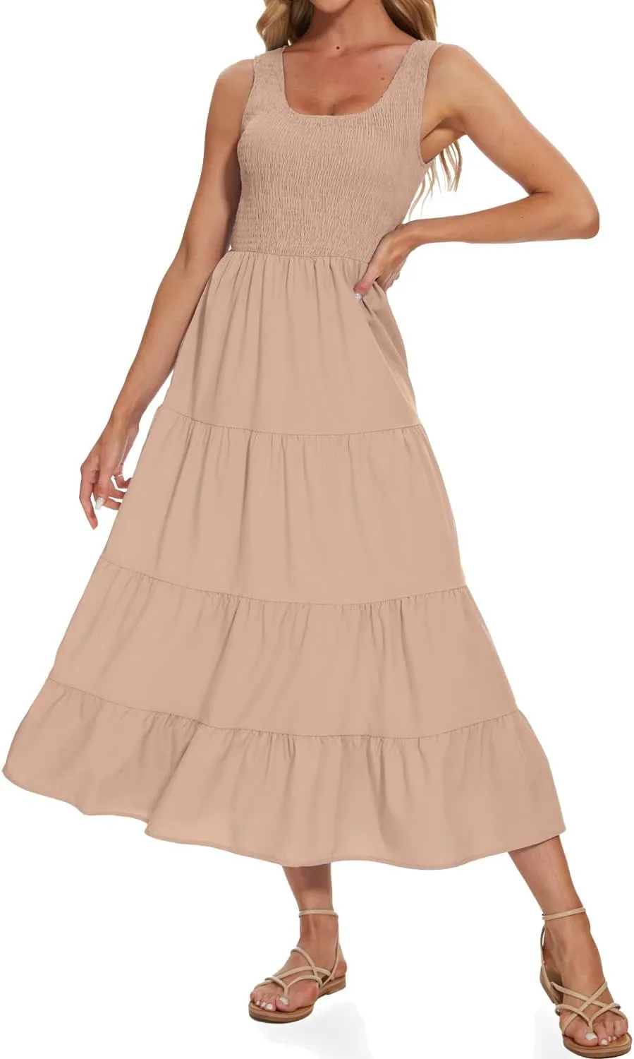 Women's Summer Smocked Maxi Dresses Sleeveless U Neck Ruffle Hem Tiered A Line Flowy Dress