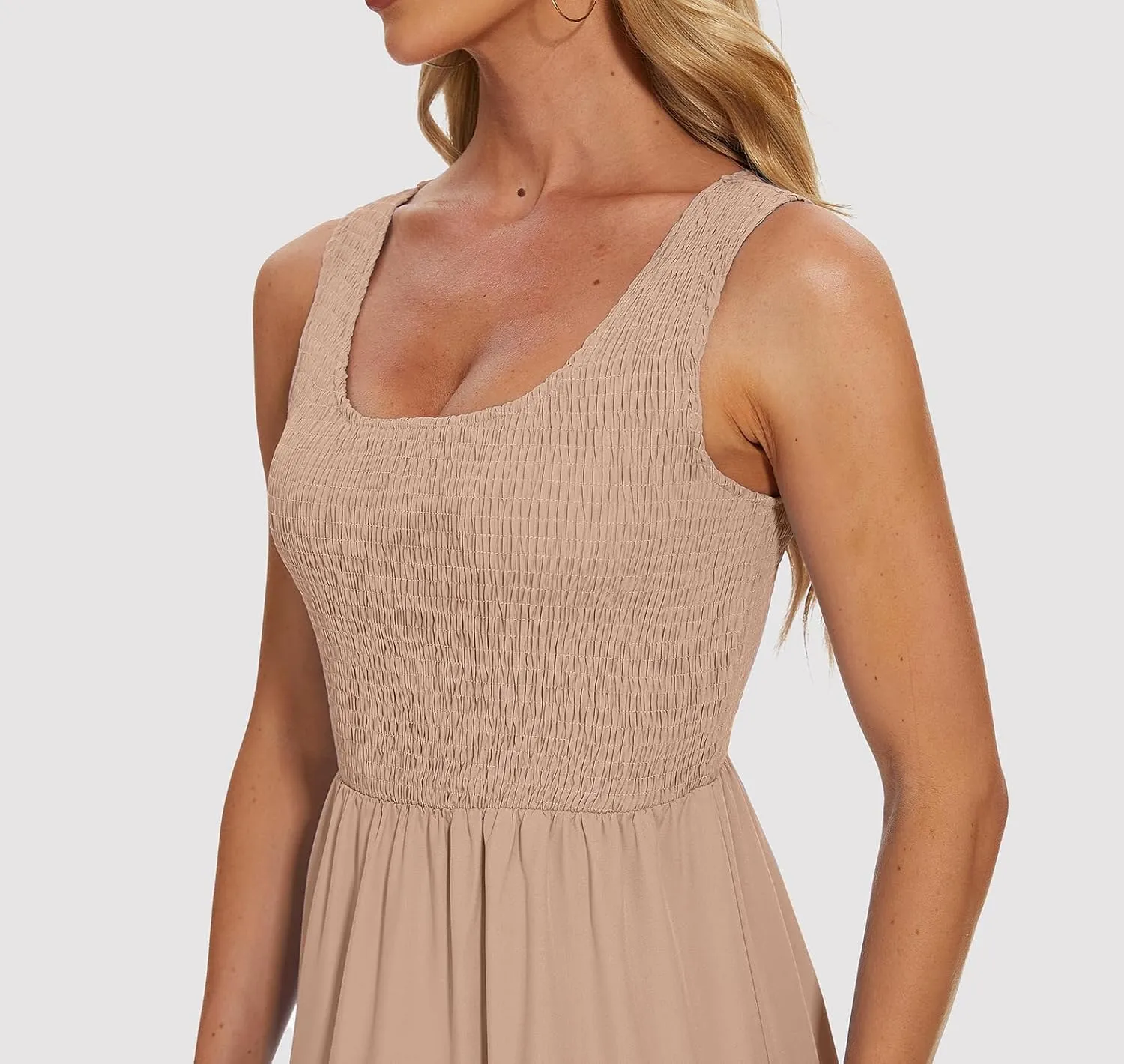 Women's Summer Smocked Maxi Dresses Sleeveless U Neck Ruffle Hem Tiered A Line Flowy Dress