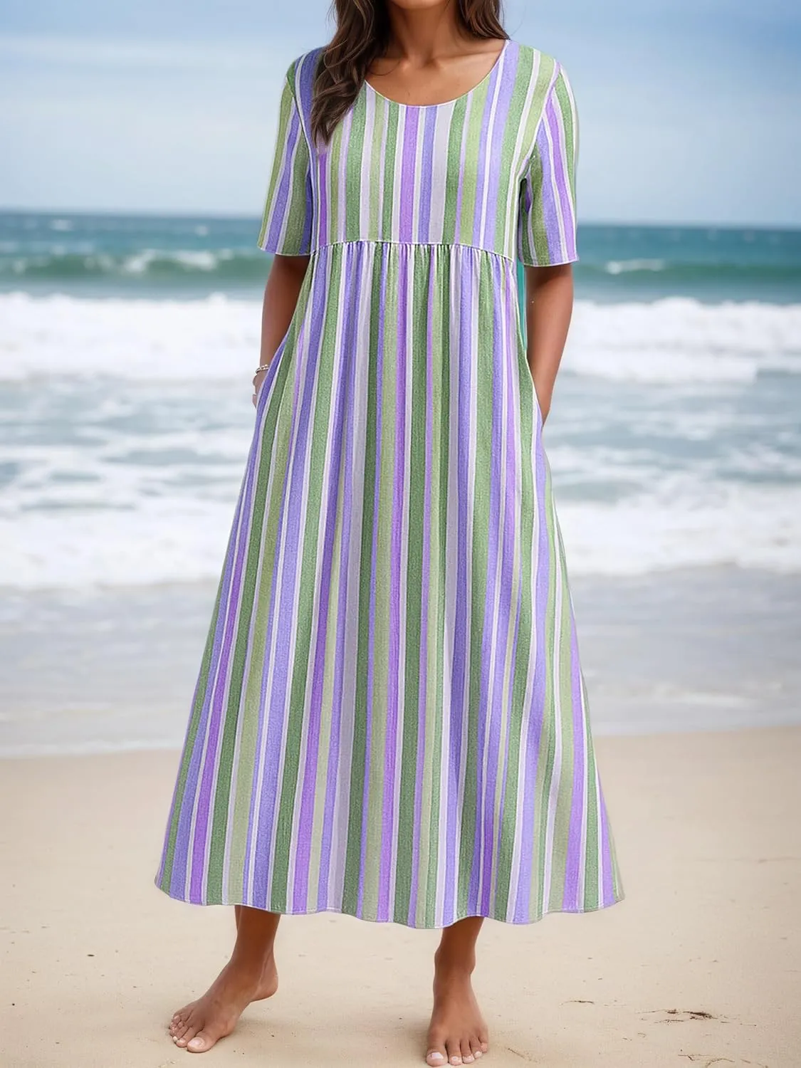 Women's Summer Striped Dresses Maxi Casual Short Sleeve Crewneck A Line Flowy Swing Beach Sundress with Pockets