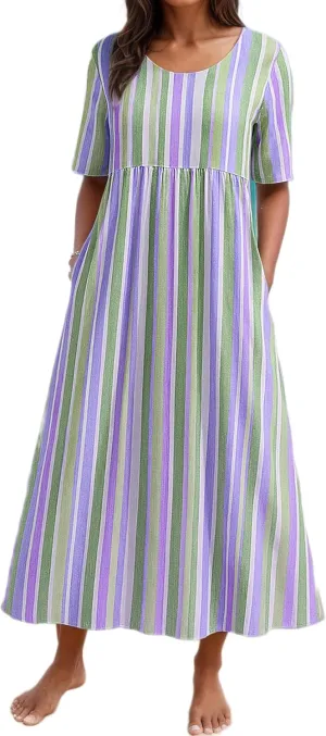 Women's Summer Striped Dresses Maxi Casual Short Sleeve Crewneck A Line Flowy Swing Beach Sundress with Pockets