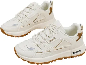 Women's Thick Sole Breathable Sneakers Leather Lace-Up Non-Slip Sneakers,Fashion Platform Daddy Shoes Casual Sports Running Shoes