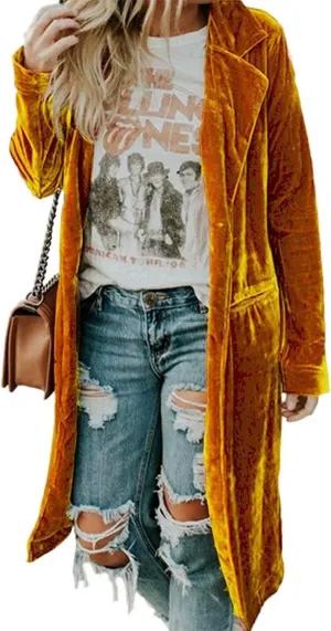 Womens Velvet Long Sleeve Pocket Casual Open Front Lapel Collar Cardigan Outwear Long Velvet Blazers Coat Casual Jackets