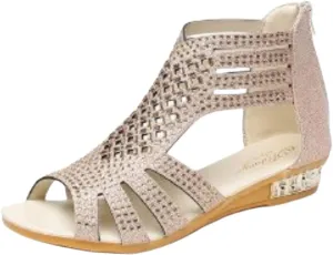 Womens Wedge Sandals Sparkly Rhinestone Open Toe Fashion Dressy Sandals Evening Wedding Prom Shoes, Hollow Out Zipper Casual Dress Shoes