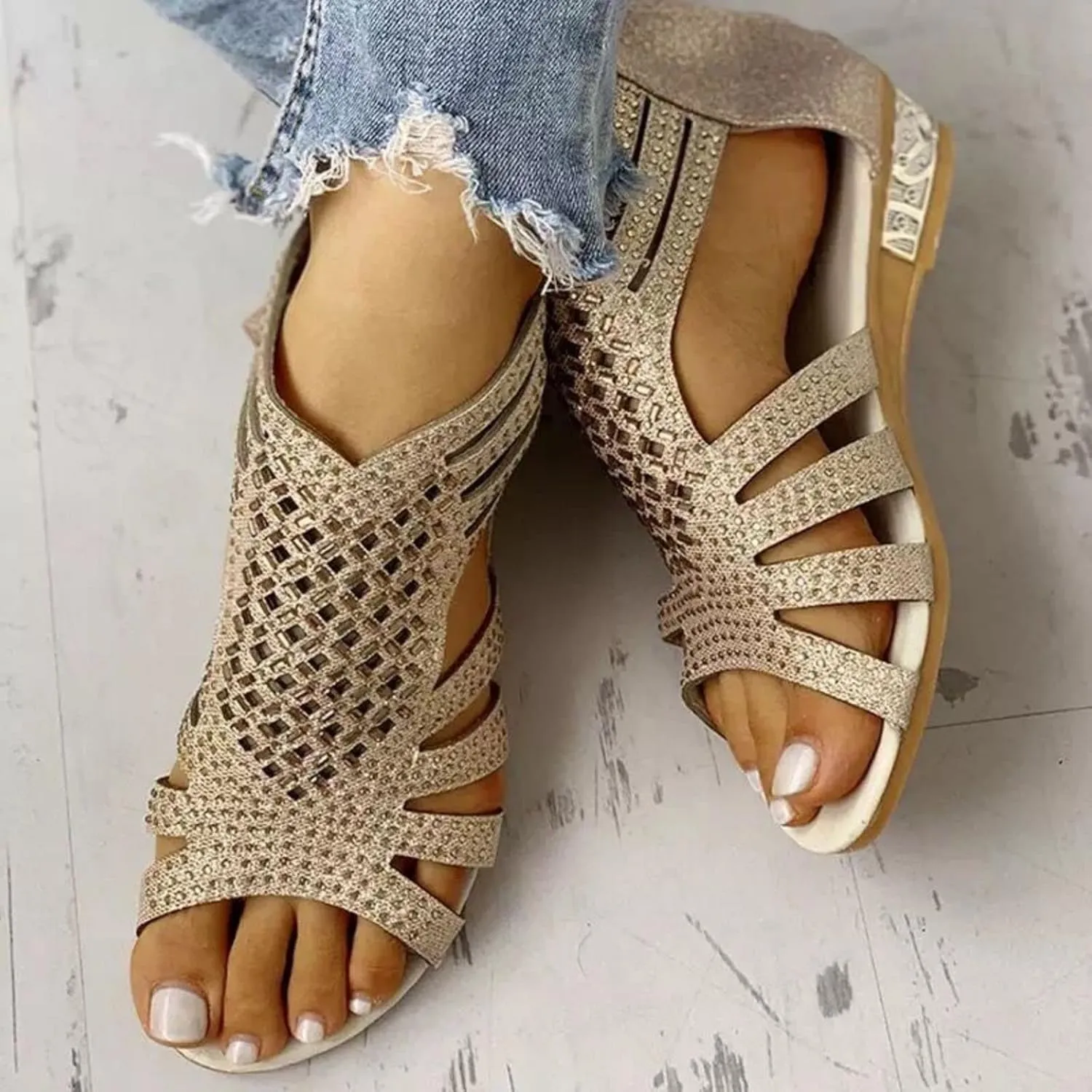 Womens Wedge Sandals Sparkly Rhinestone Open Toe Fashion Dressy Sandals Evening Wedding Prom Shoes, Hollow Out Zipper Casual Dress Shoes