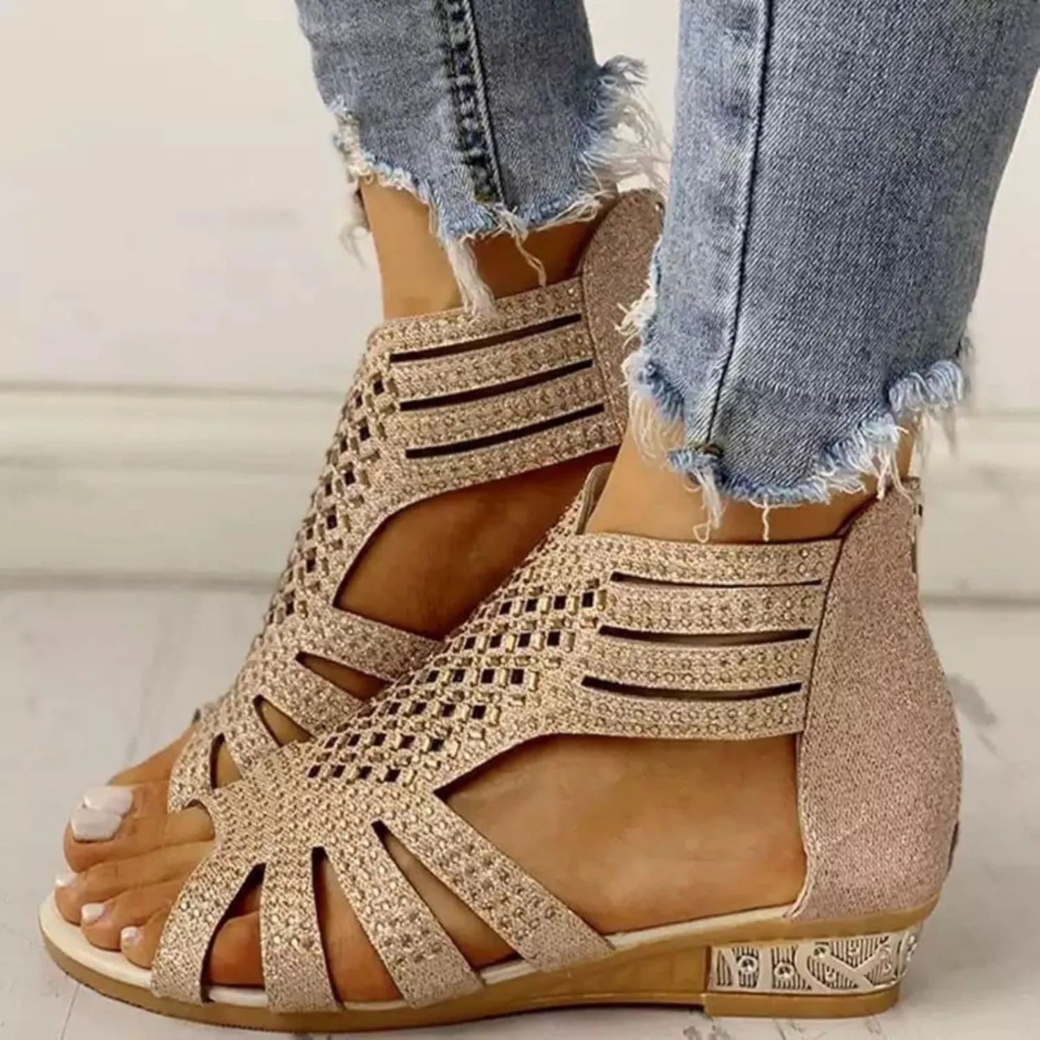 Womens Wedge Sandals Sparkly Rhinestone Open Toe Fashion Dressy Sandals Evening Wedding Prom Shoes, Hollow Out Zipper Casual Dress Shoes