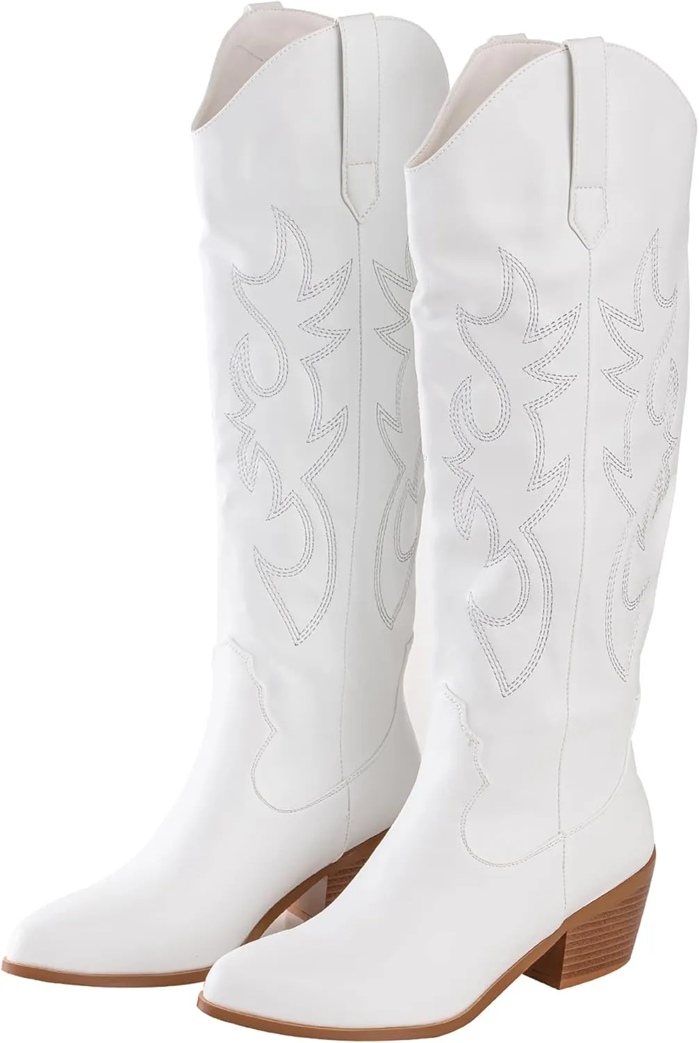 Women's Western Cowboy Boots, White Fashion Embroidered Knee-High for Women Chunky Heels cowgirl Boots