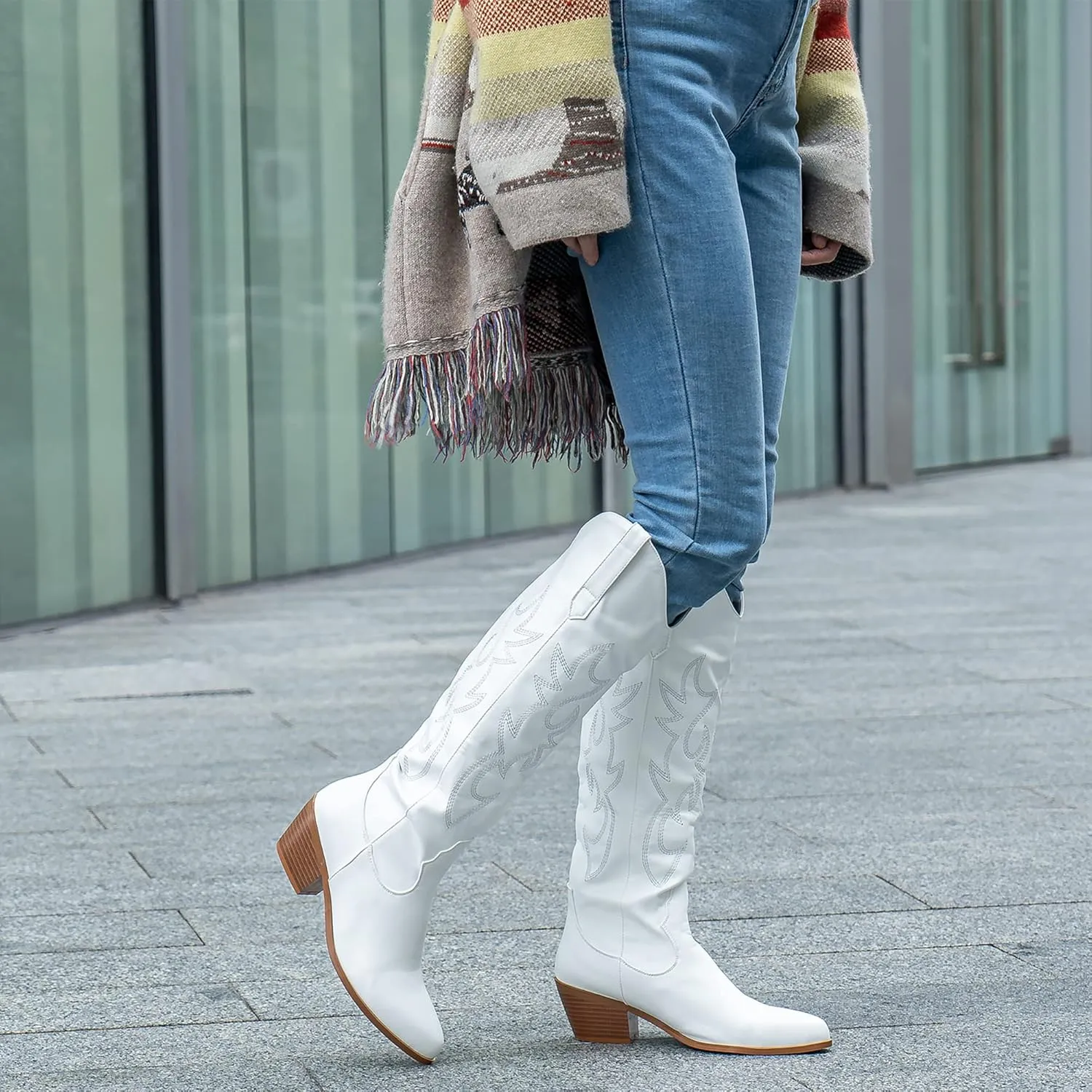 Women's Western Cowboy Boots, White Fashion Embroidered Knee-High for Women Chunky Heels cowgirl Boots