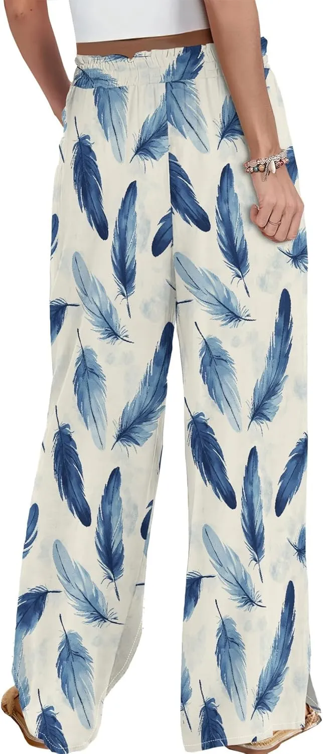 Womens Wide Leg Palazzo Pants Boho Floral 2025 Summer Beach Culottes Flowy Casual Lounge Trousers for Vacation