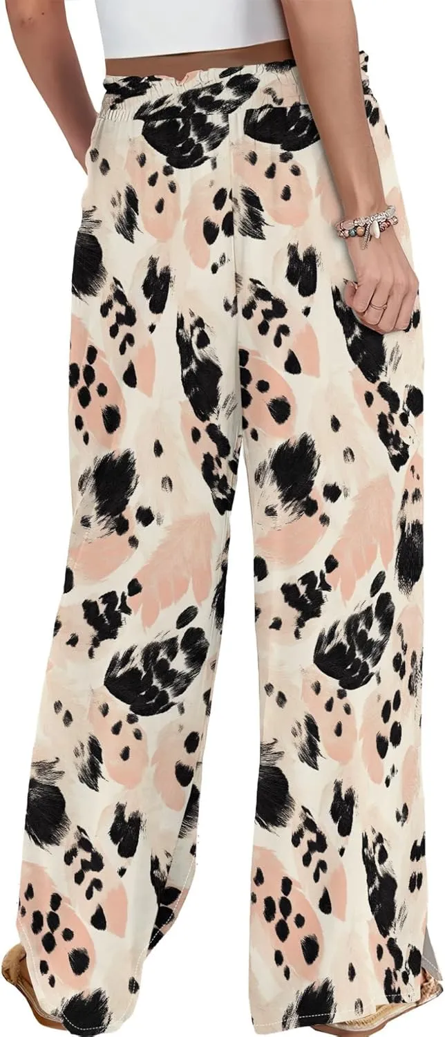 Womens Wide Leg Palazzo Pants Boho Floral 2025 Summer Beach Culottes Flowy Casual Lounge Trousers for Vacation