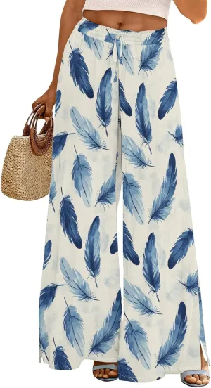 Womens Wide Leg Palazzo Pants Boho Floral 2025 Summer Beach Culottes Flowy Casual Lounge Trousers for Vacation