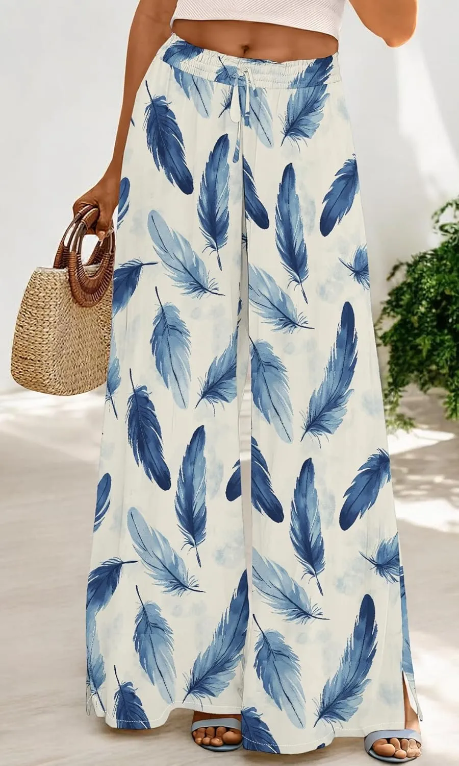 Womens Wide Leg Palazzo Pants Boho Floral 2025 Summer Beach Culottes Flowy Casual Lounge Trousers for Vacation