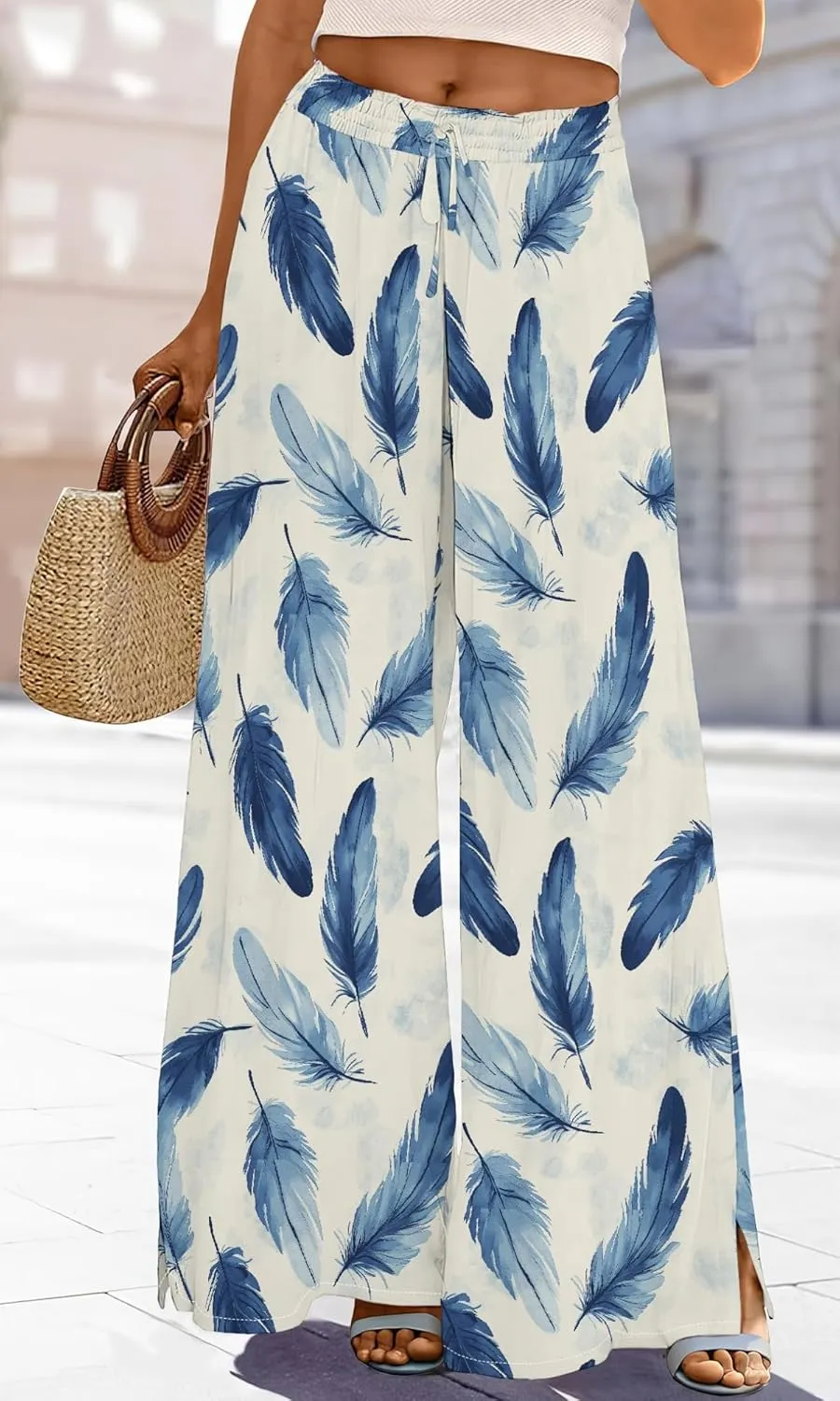 Womens Wide Leg Palazzo Pants Boho Floral 2025 Summer Beach Culottes Flowy Casual Lounge Trousers for Vacation