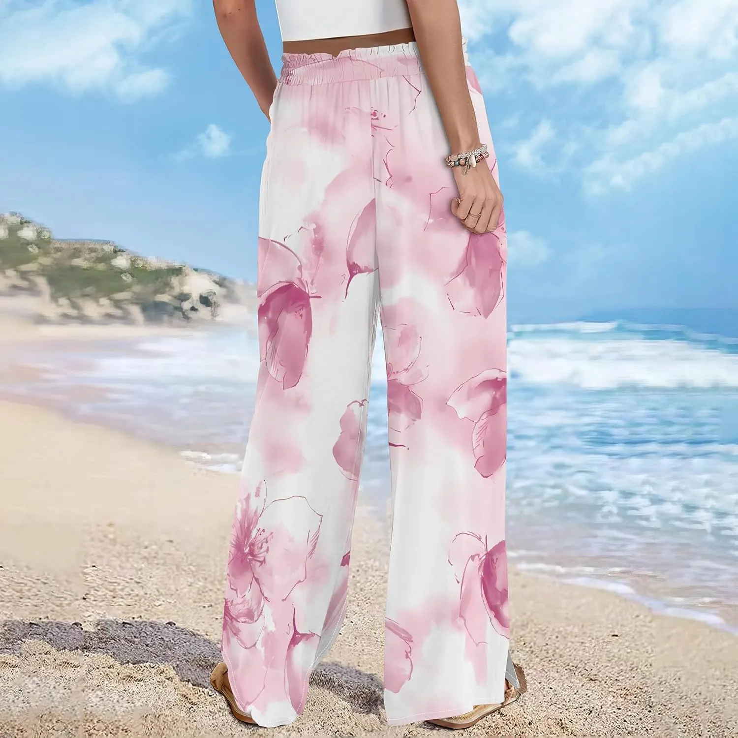 Women's Wide Leg Palazzo Pants High Waisted Flowy Pockets Trendy Casual Lounge Boho Beach Trousers with Pockets
