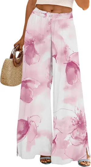 Women's Wide Leg Palazzo Pants High Waisted Flowy Pockets Trendy Casual Lounge Boho Beach Trousers with Pockets