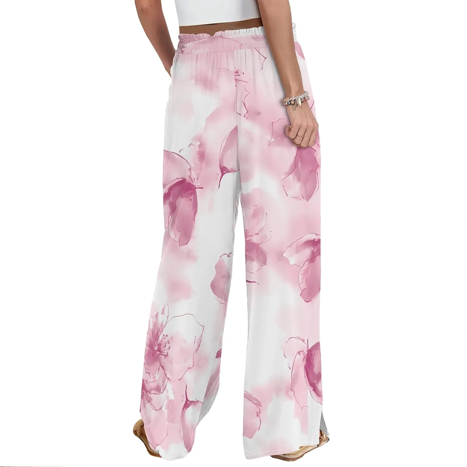 Women's Wide Leg Palazzo Pants High Waisted Flowy Pockets Trendy Casual Lounge Boho Beach Trousers with Pockets