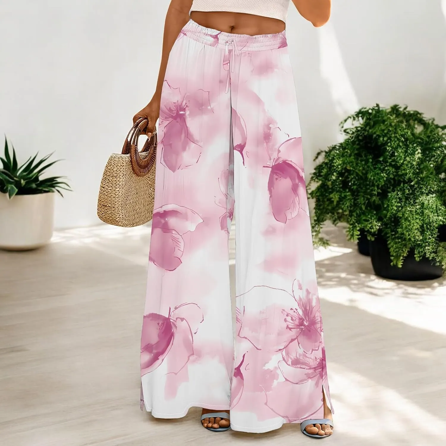 Women's Wide Leg Palazzo Pants High Waisted Flowy Pockets Trendy Casual Lounge Boho Beach Trousers with Pockets