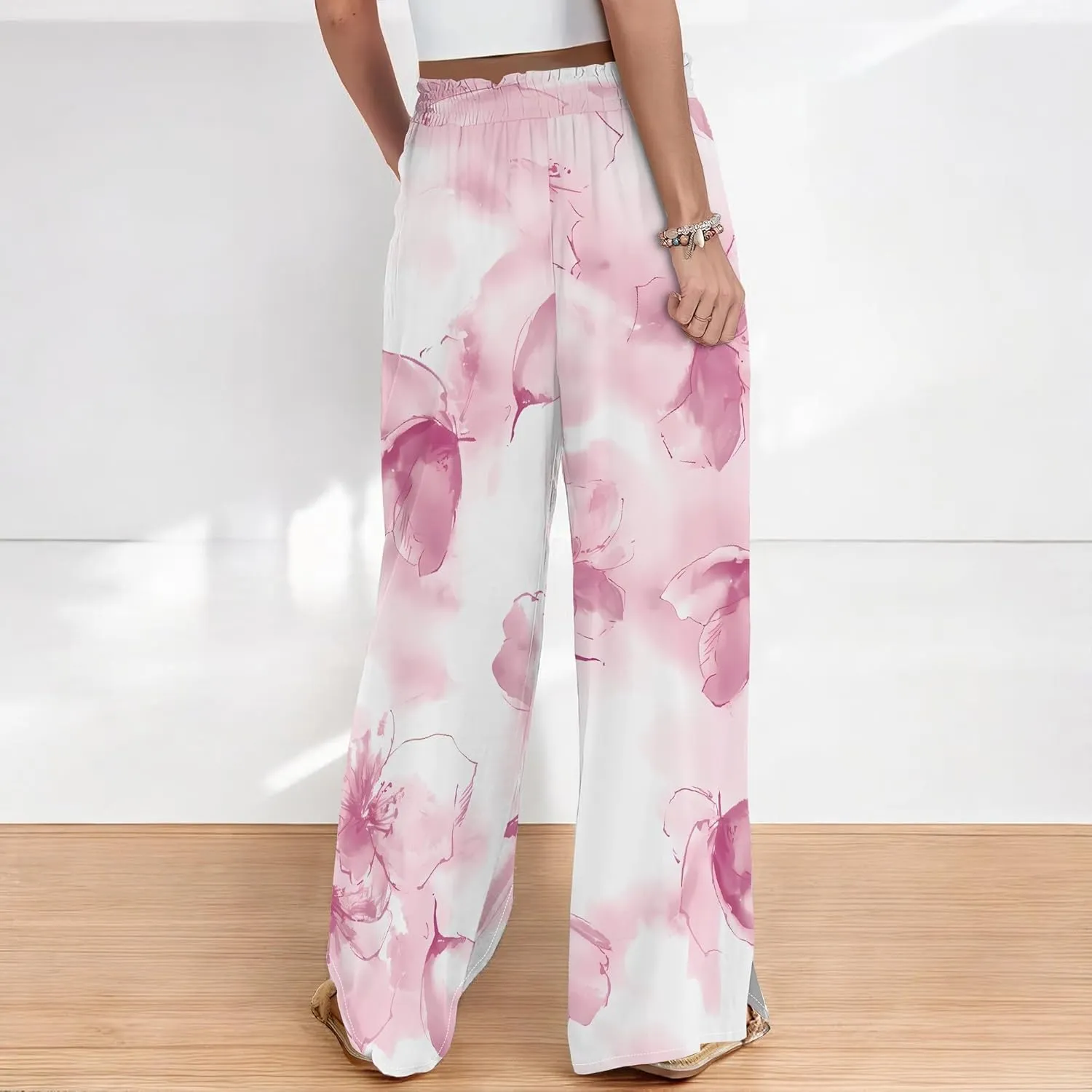 Women's Wide Leg Palazzo Pants High Waisted Flowy Pockets Trendy Casual Lounge Boho Beach Trousers with Pockets