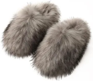 Womens Winter Fuzzy Fluffy Furry Faux Fur Slippers Warm Cozy House Sandals Slides Bedroom Shoes Anti-Slip Indoor Outdoor Slippers