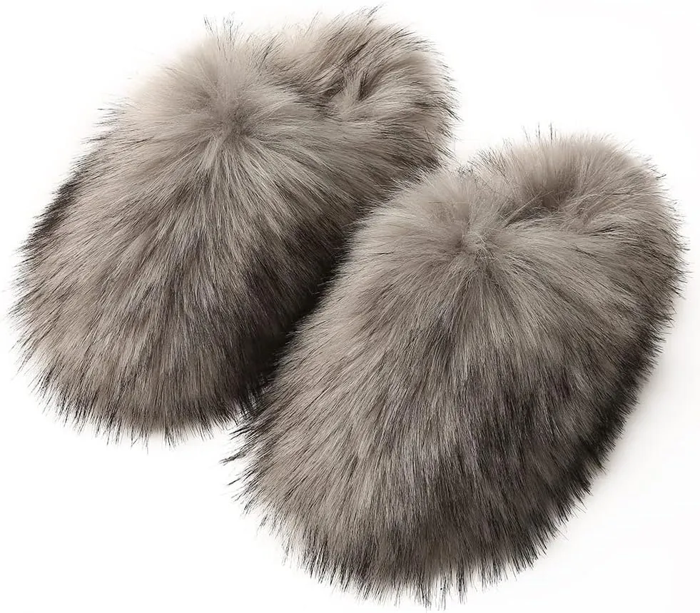 Womens Winter Fuzzy Fluffy Furry Faux Fur Slippers Warm Cozy House Sandals Slides Bedroom Shoes Anti-Slip Indoor Outdoor Slippers