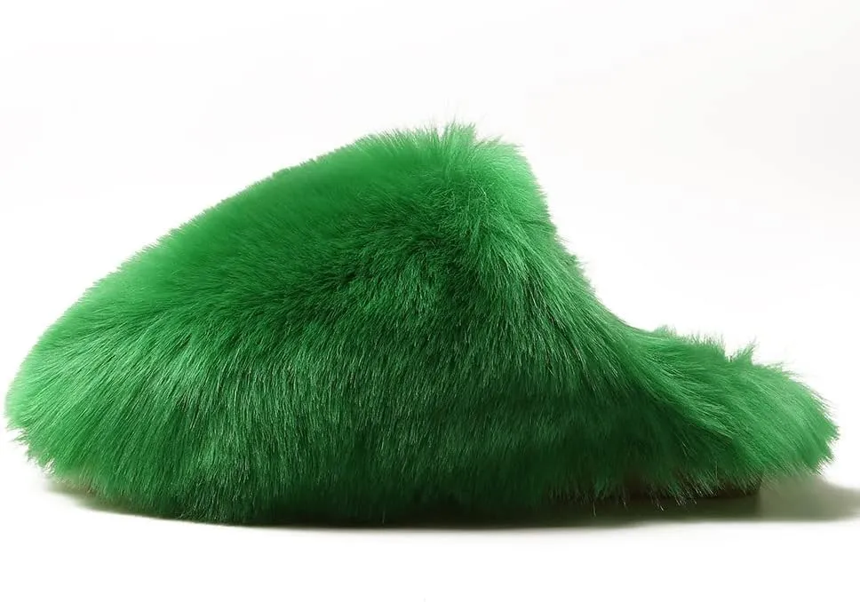 Womens Winter Fuzzy Fluffy Furry Faux Fur Slippers Warm Cozy House Sandals Slides Bedroom Shoes Anti-Slip Indoor Outdoor Slippers
