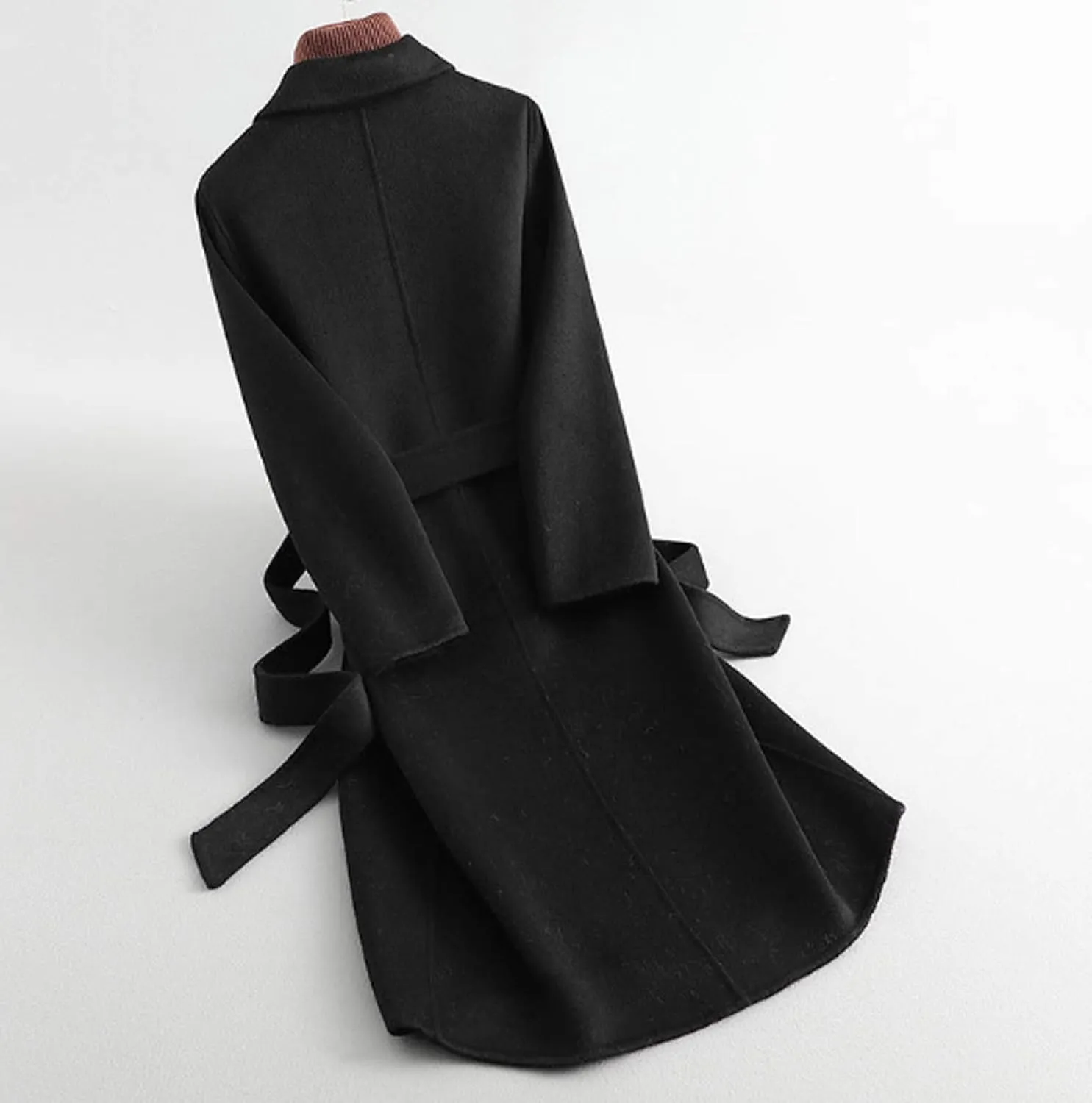 Womens Wool Trench Coats Autumn Winter 100% Wool Solid Color V-Neck Coat Slim Warm Long Overcoat Belt Jackets Outwear