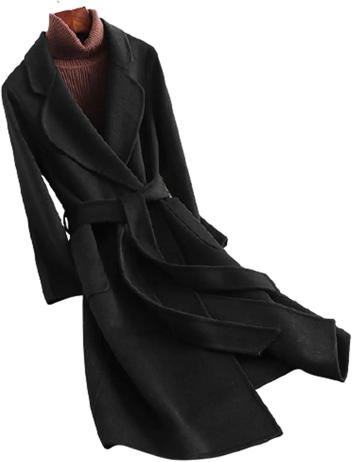 Womens Wool Trench Coats Autumn Winter 100% Wool Solid Color V-Neck Coat Slim Warm Long Overcoat Belt Jackets Outwear