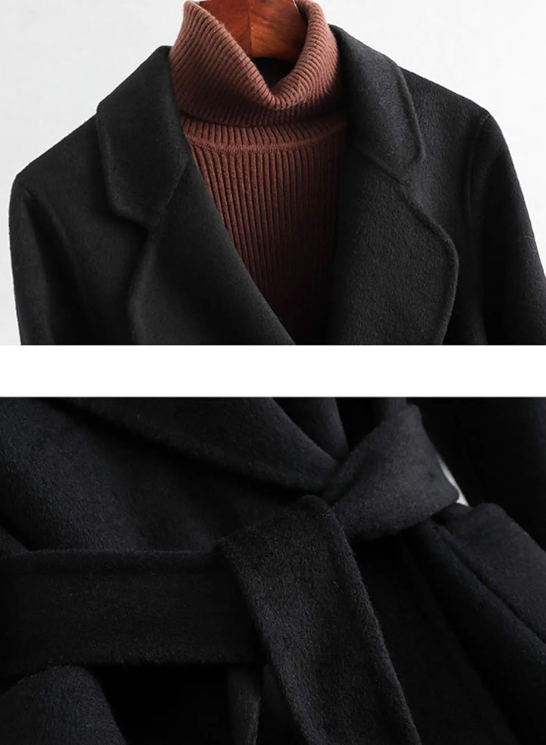 Womens Wool Trench Coats Autumn Winter 100% Wool Solid Color V-Neck Coat Slim Warm Long Overcoat Belt Jackets Outwear