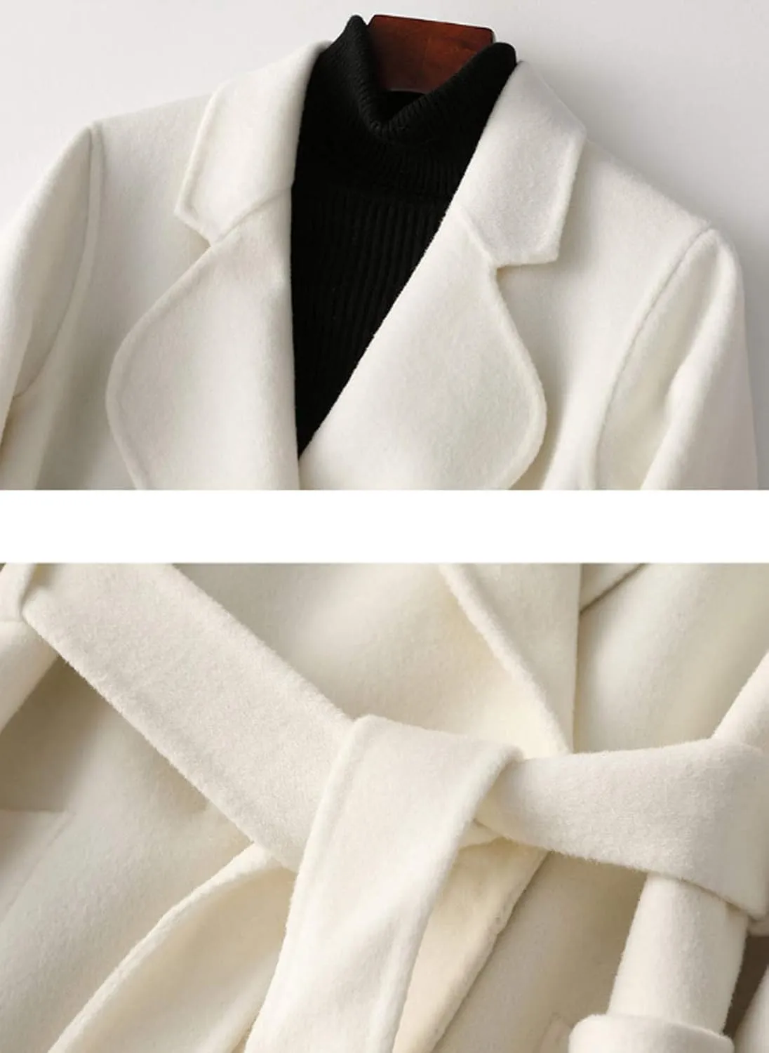 Womens Wool Trench Coats Autumn Winter 100% Wool Solid Color V-Neck Coat Slim Warm Long Overcoat Belt Jackets Outwear
