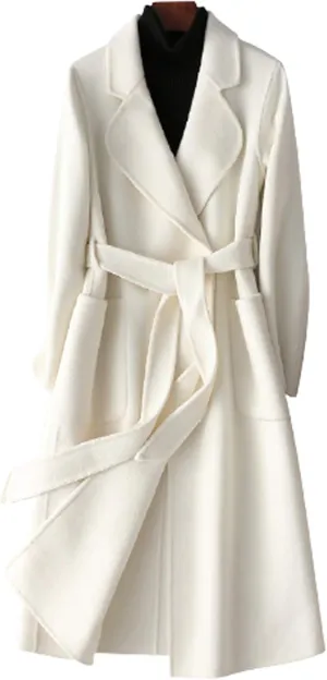 Womens Wool Trench Coats Autumn Winter 100% Wool Solid Color V-Neck Coat Slim Warm Long Overcoat Belt Jackets Outwear