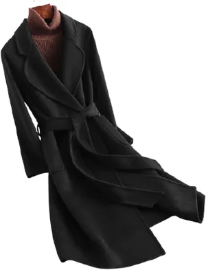Womens Wool Trench Coats Autumn Winter 100% Wool Solid Color V-Neck Coat Slim Warm Long Overcoat Belt Jackets Outwear