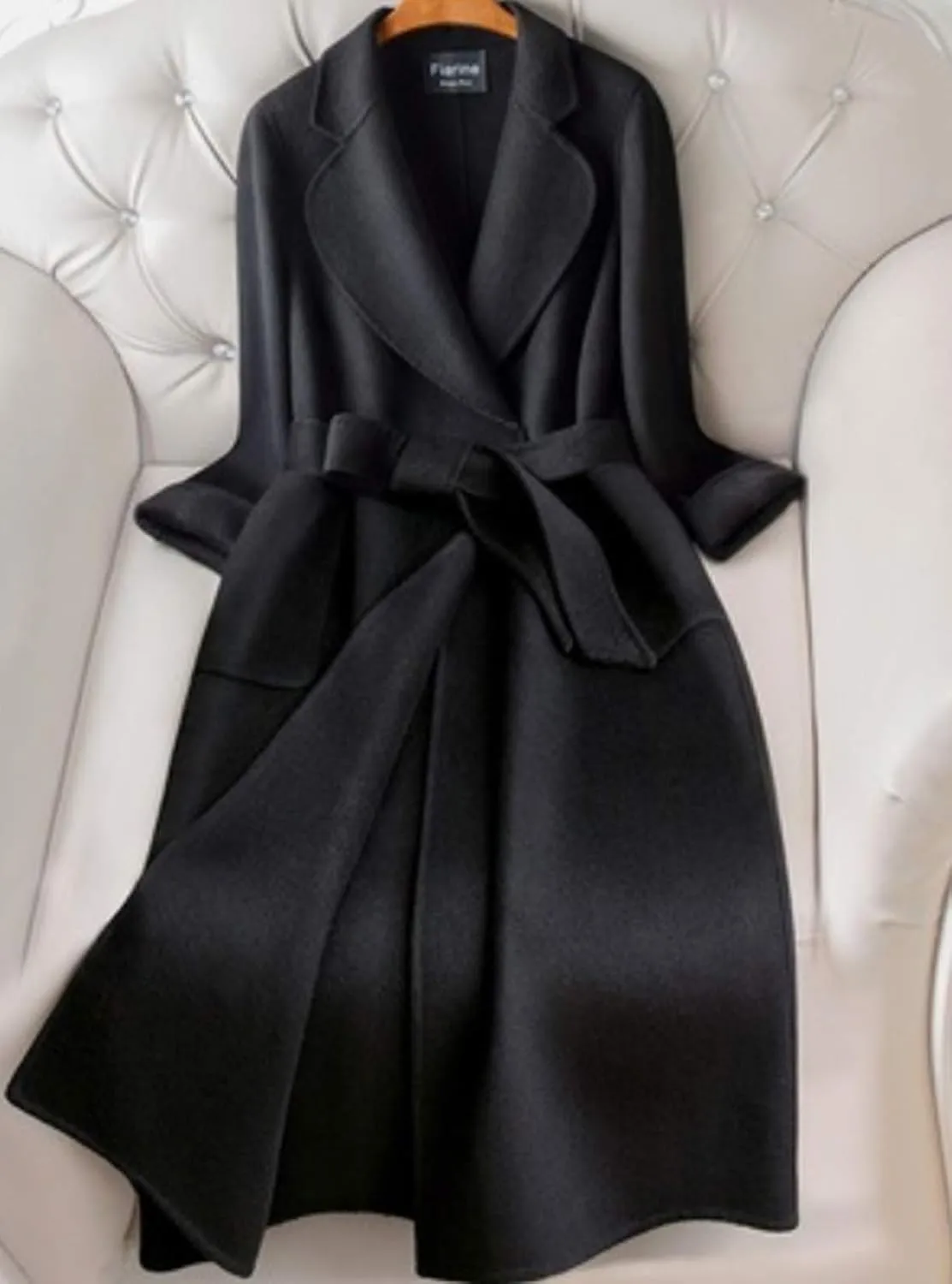 Womens Wool Trench Coats Autumn Winter 100% Wool Solid Color V-Neck Coat Slim Warm Long Overcoat Belt Jackets Outwear