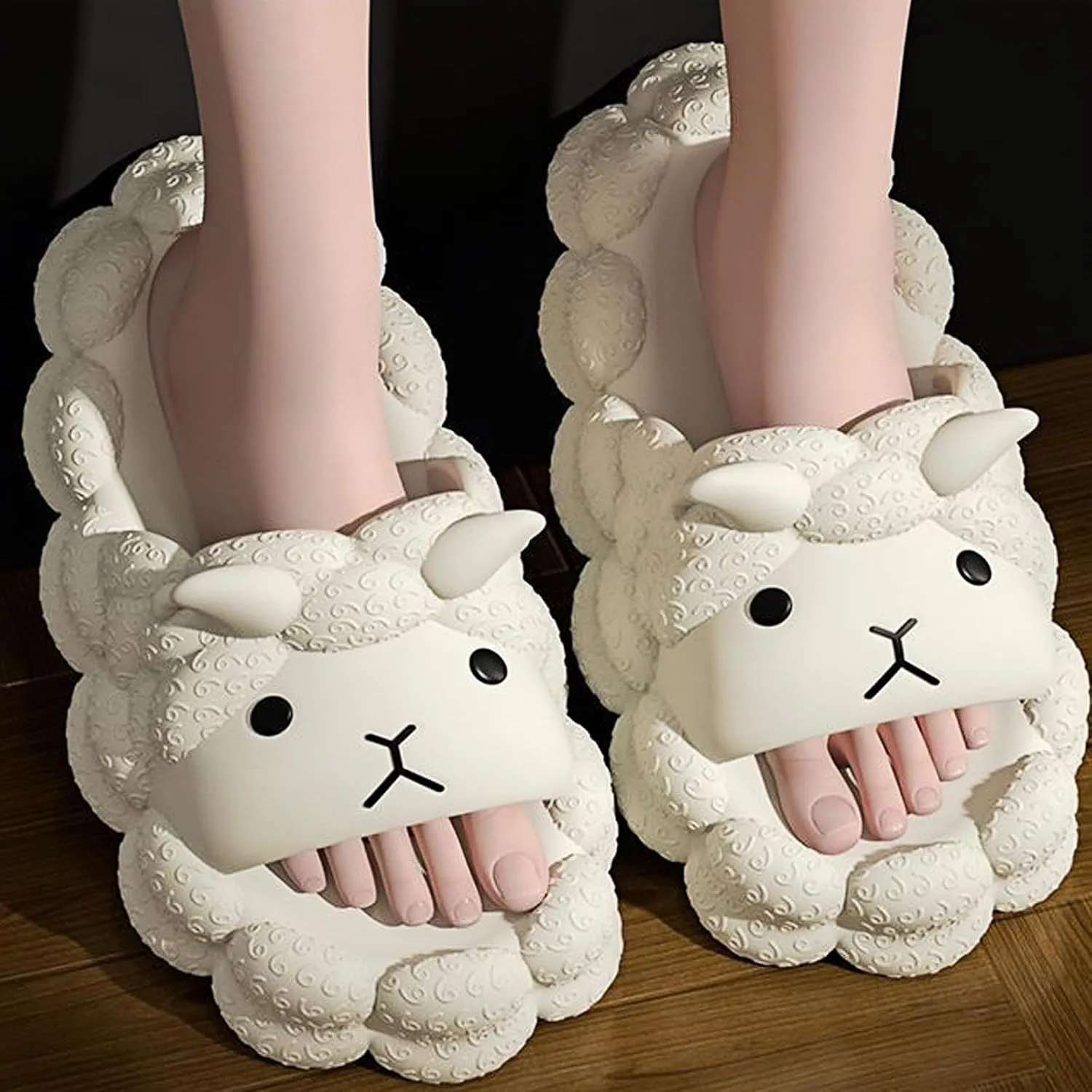Women's/Men's Cartoon Sheep Slides Ultra-Soft Thick-Sole House Slippers with Anti-Slip Design Lightweight Elastic Foam Indoor/Outdoor Comfort Sandals for Adults (Black,White，Gray, 5-8)