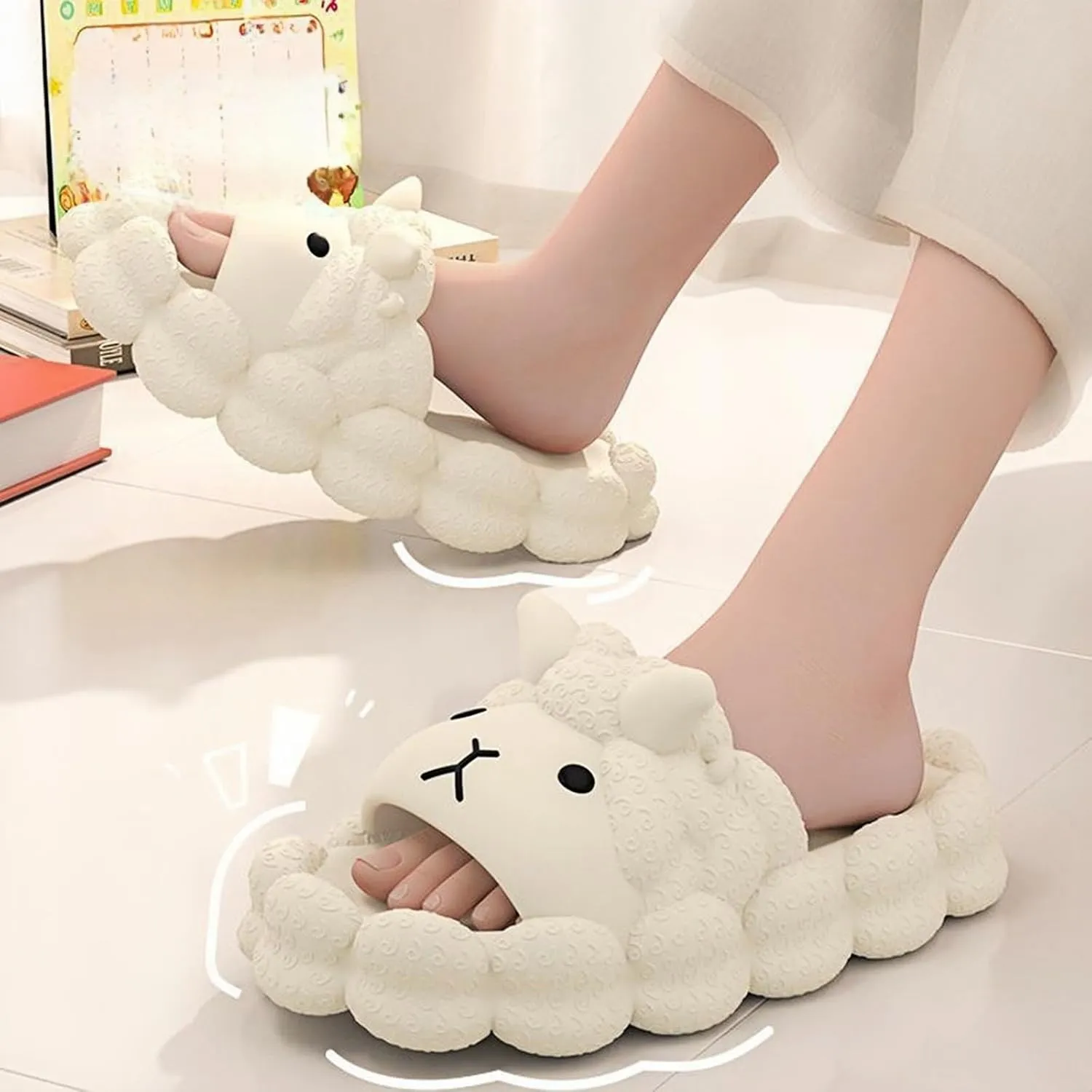 Women's/Men's Cartoon Sheep Slides Ultra-Soft Thick-Sole House Slippers with Anti-Slip Design Lightweight Elastic Foam Indoor/Outdoor Comfort Sandals for Adults (Black,White，Gray, 5-8)