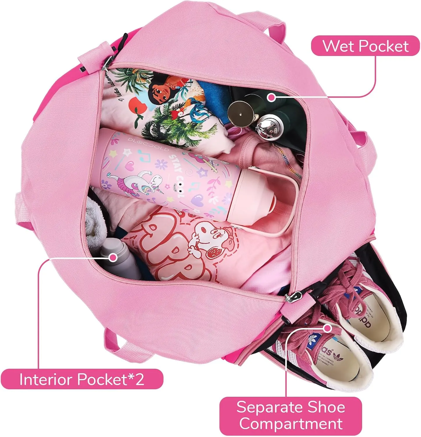 WOOMADA Travel Duffle Bag, Weekend Bag with Wet Pocket & Trolley Sleeve, Overnight Bag With Shoe Compartment, Fit for Sports Practice, Travel and Gifts(pink)
