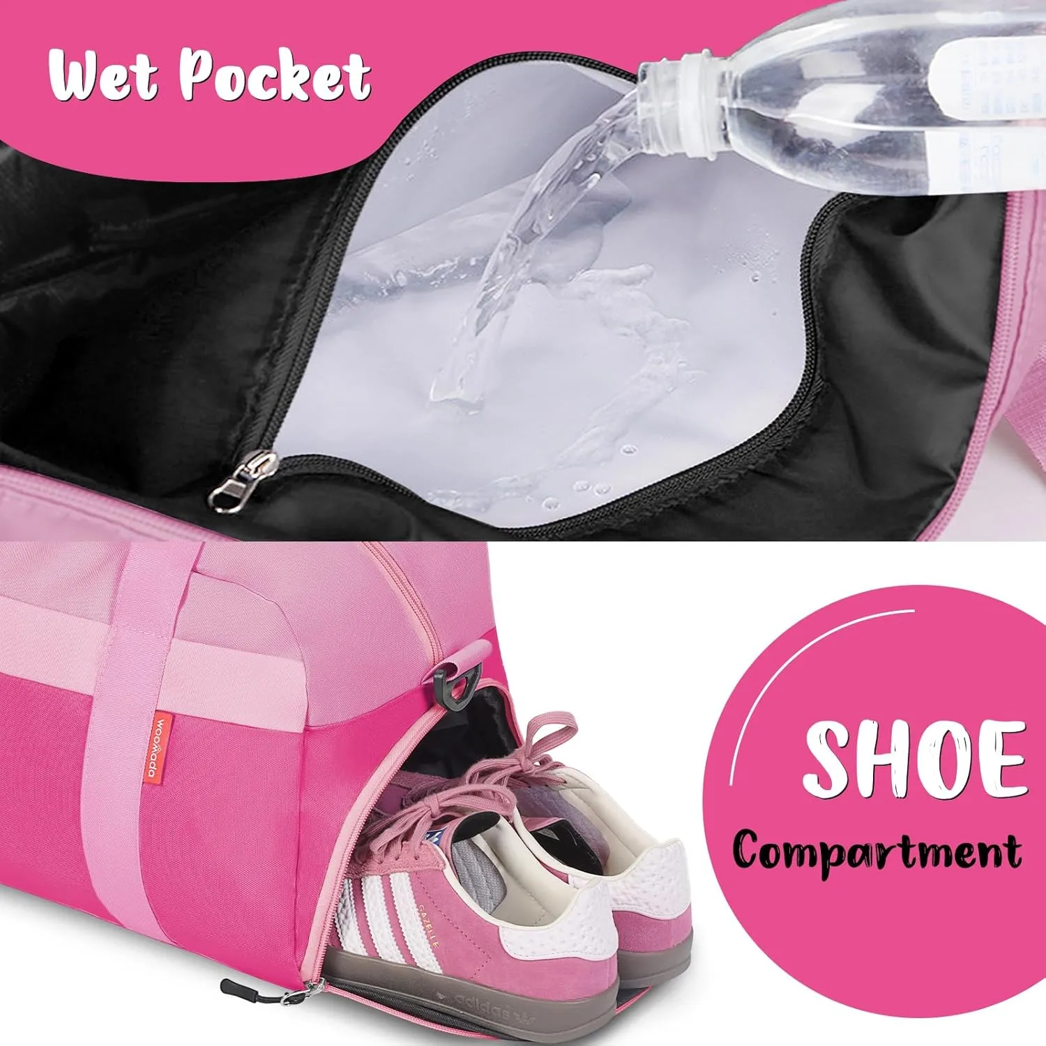 WOOMADA Travel Duffle Bag, Weekend Bag with Wet Pocket & Trolley Sleeve, Overnight Bag With Shoe Compartment, Fit for Sports Practice, Travel and Gifts(pink)