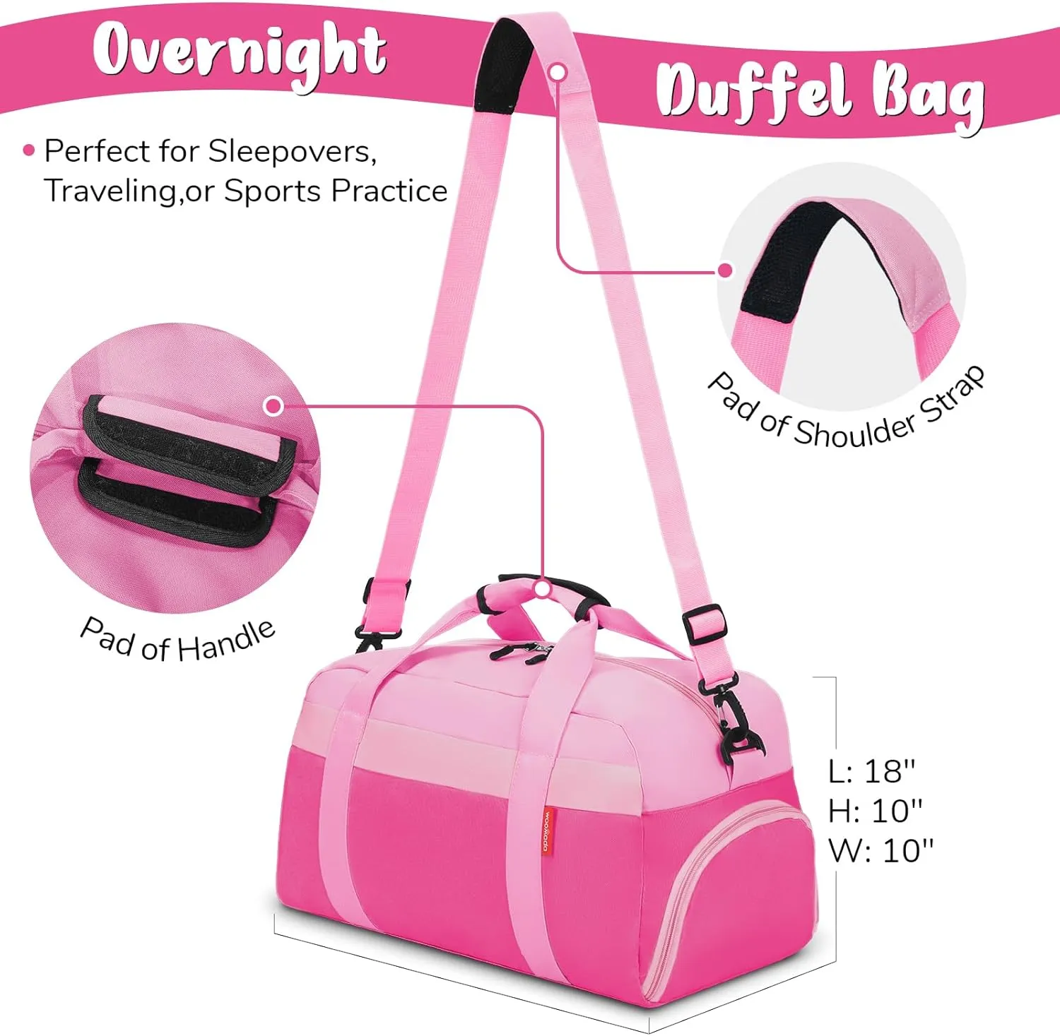 WOOMADA Travel Duffle Bag, Weekend Bag with Wet Pocket & Trolley Sleeve, Overnight Bag With Shoe Compartment, Fit for Sports Practice, Travel and Gifts(pink)