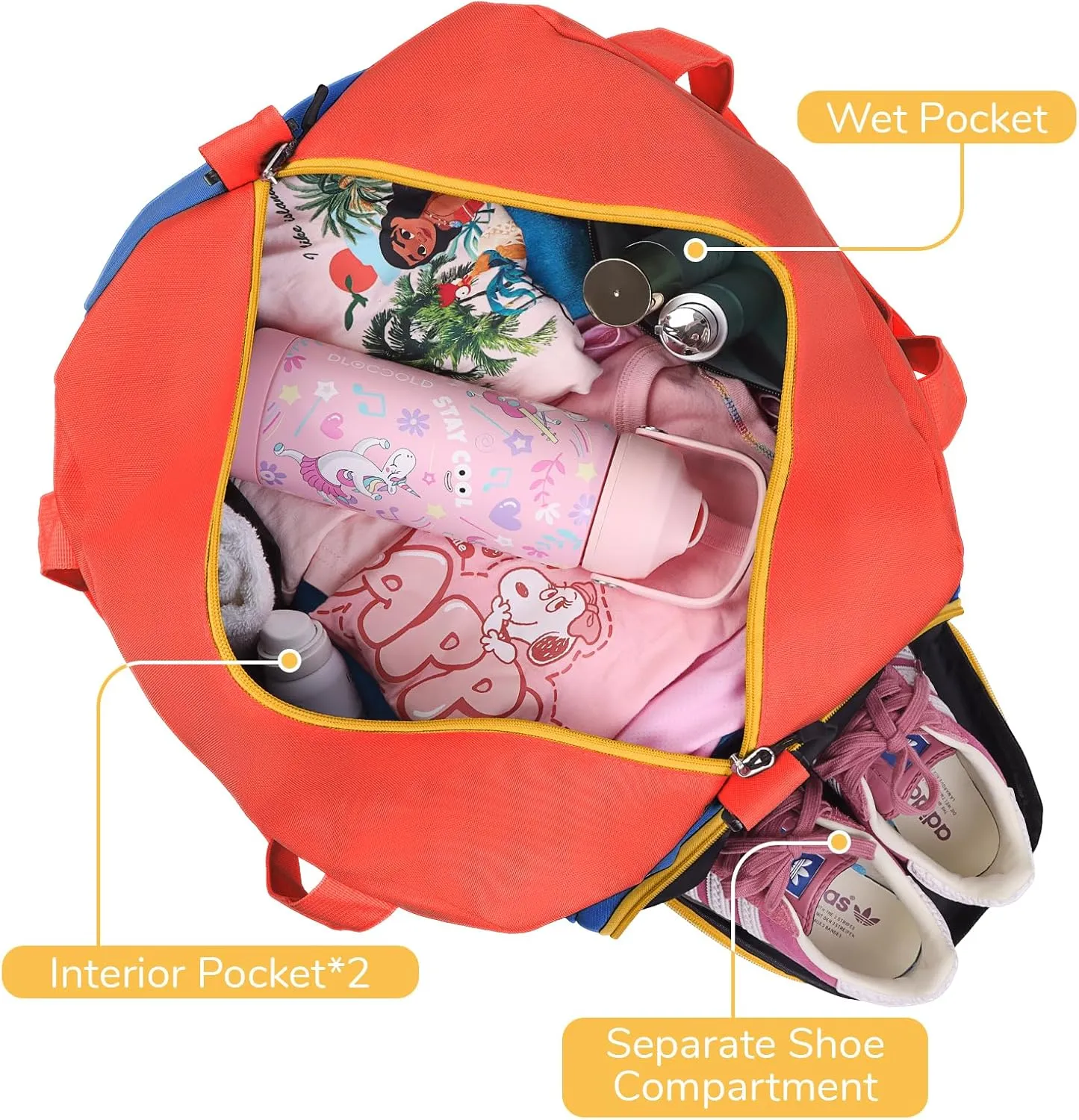 WOOMADA Travel Duffle Bag, Weekend Bag with Wet Pocket & Trolley Sleeve, Overnight Bag With Shoe Compartment, Fit for Sports Practice, Travel and Gifts(red blue)