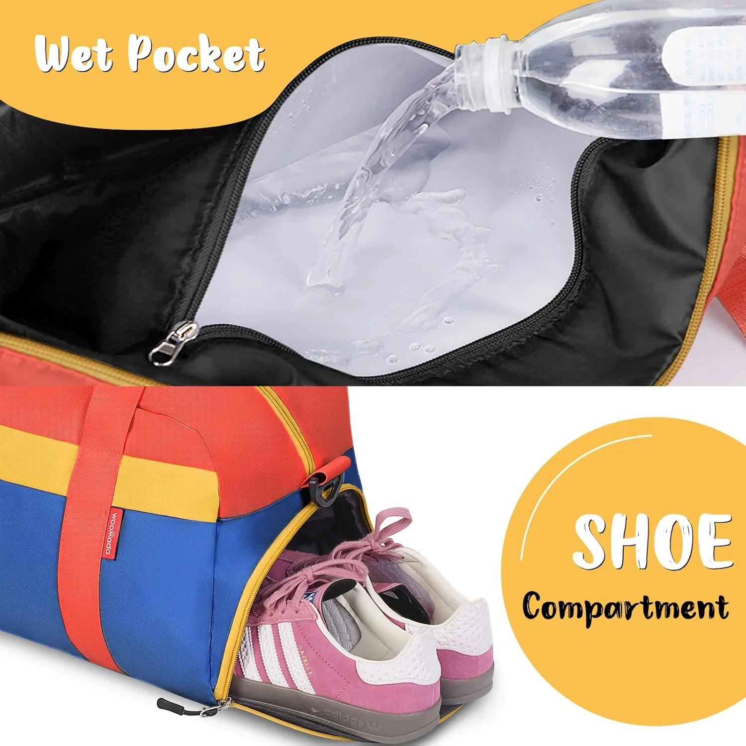 WOOMADA Travel Duffle Bag, Weekend Bag with Wet Pocket & Trolley Sleeve, Overnight Bag With Shoe Compartment, Fit for Sports Practice, Travel and Gifts(red blue)