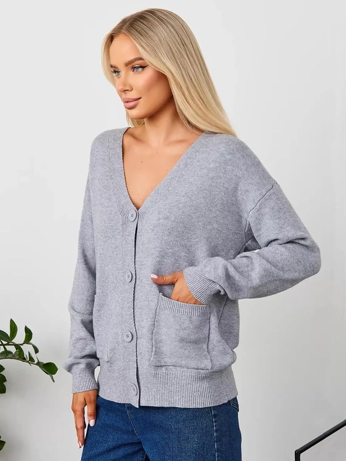 Wowcarbazole Women's Cardigan Sweaters Long Sleeve Open Front Button Down Lightweight Casual Knit Sweater Coat with Pockets