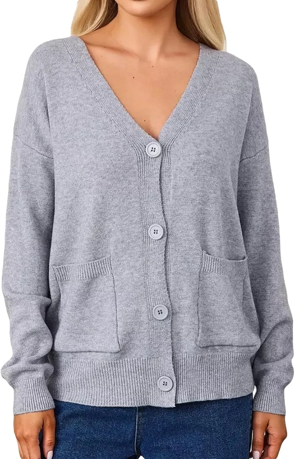 Wowcarbazole Women's Cardigan Sweaters Long Sleeve Open Front Button Down Lightweight Casual Knit Sweater Coat with Pockets